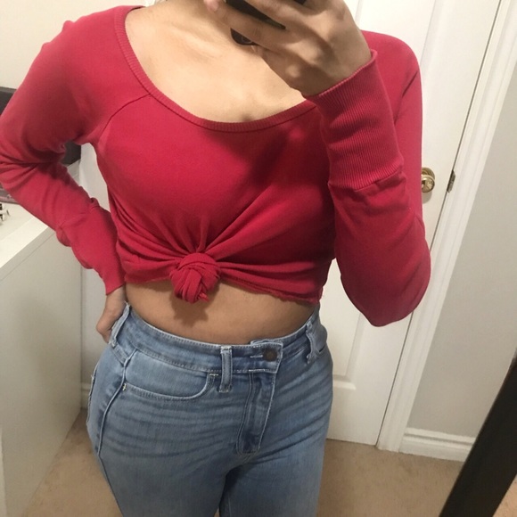 Red Long Sleeve Crop Top - Picture 1 of 4